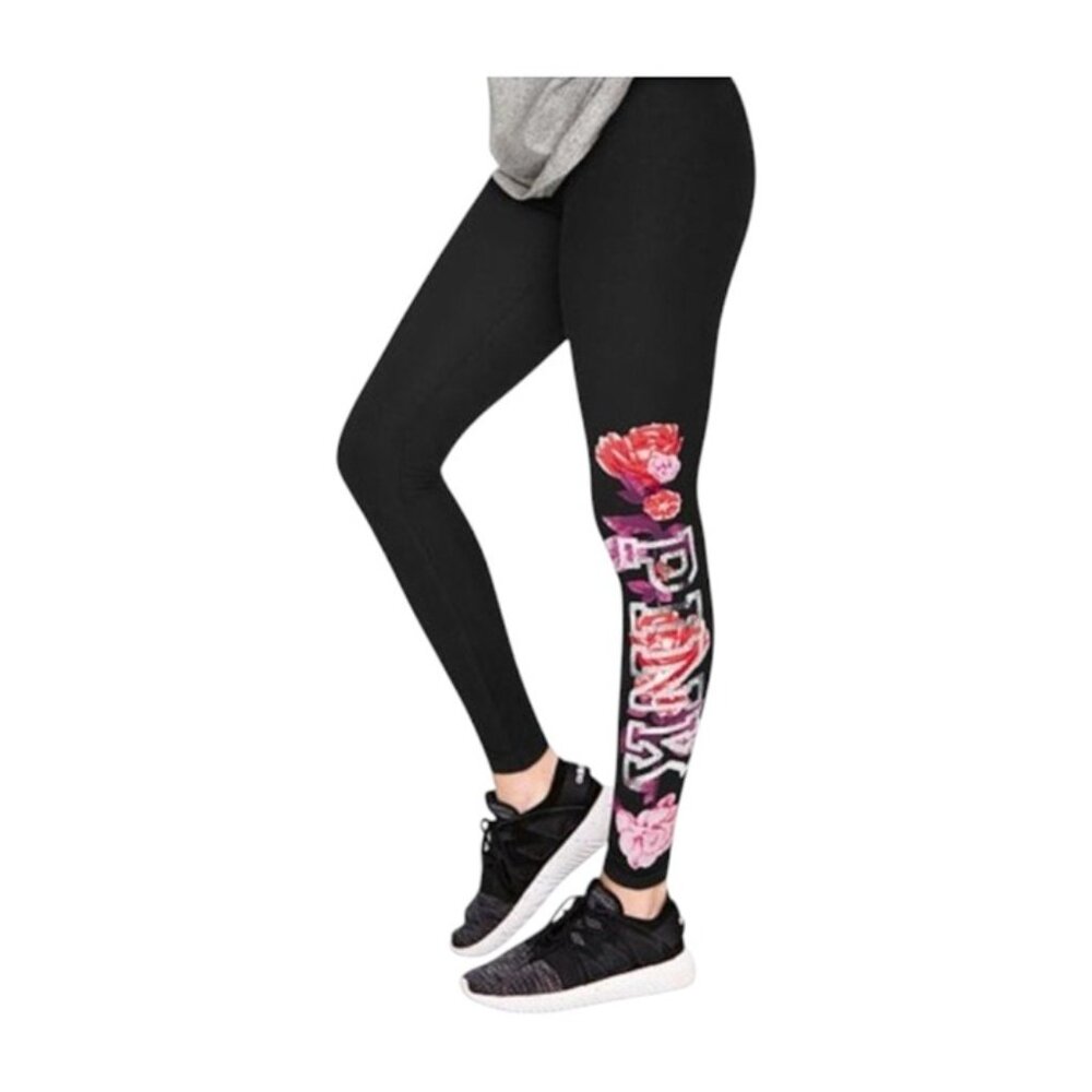 PINK Victoria's Secret Sequin Floral Legging! Black Floral, Size Large, NWOT!